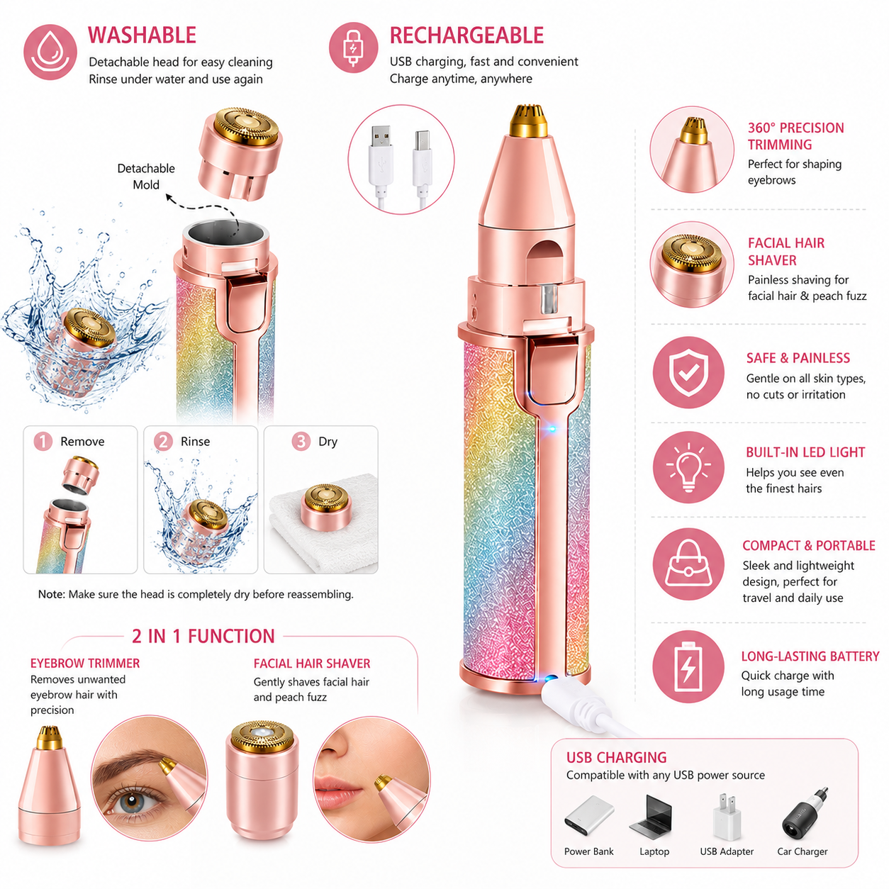2 in 1 Eyebrow Trimmer & Facial Hair Remover | Rechargeable | Imported
